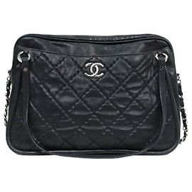 Chanel Borsa a Spalla Black Glazed Quilted CC Chain Nero