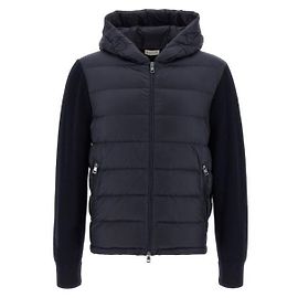 Moncler Gesteppter Kapuzenpullover mit Reißverschluss aus Wolle Blau