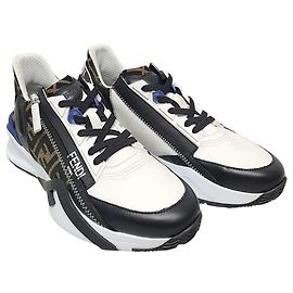 Fendi Flow Sneaker aus schwarzem Leder und braunem FF Jacquard Schwarz