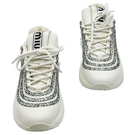 Miu Miu Tênis de couro branco e cristal Branco