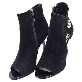 Dior Bottines à talon Christian en daim noir à bout ouvert et fermeture éclair latérale Noir