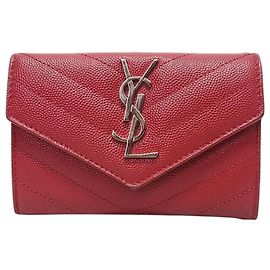 Saint Laurent Red Monogram Silver-Tone Matelassé Small Wallet Red