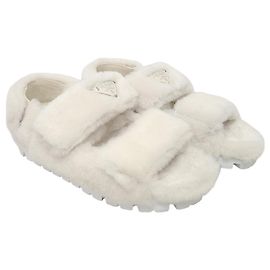 Prada White Triangle Logo Shearling Strap Sandals White
