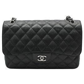 Chanel Borsa a Spalla Classic Jumbo Large Silver-Tone Black Caviar Nero