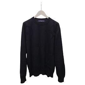 Louis Vuitton Langarm-Strickpullover mit Rundhalsausschnitt und Ton-in-Ton-Monogramm in Schwarz Schwarz