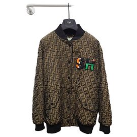 Fendi FF Monogram Jacquard Logo Patch Bomber Jacket Brown
