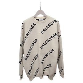 Balenciaga Weißer Strickpullover mit durchgehendem Multi-Logo-Print Weiß