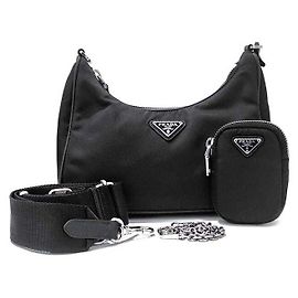 Prada Borsa Hobo in tessuto con tracolla a catena Nero