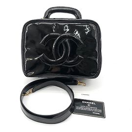 Chanel Patented Cosmetic Top Handle Tote Bag with Shoulder Strap Black