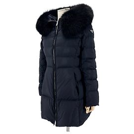 Prada Re-Nylon Triangle Logo Fox Fur Women's Long Puffer Jacket Black