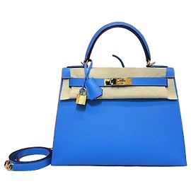 Hermès Kelly Size Blue Paraïso Gravure Gold-Tone Bleu