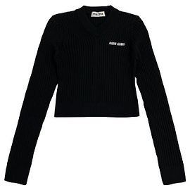 Miu Miu Crop-Stricktop mit Logo V-Ausschnitt Rippenstrick Schwarz Silber