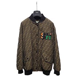 Fendi FF Monogram Jacquard Logo Patch Bomber Jacket Brown