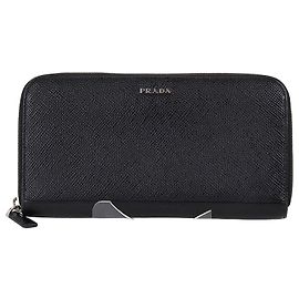 Prada Saffiano Black Zipper Long Wallet Black