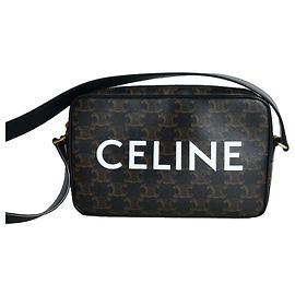 Céline Bolsa Messenger Crossbody em Canvas Triomphe com Logotipo Impresso Preto