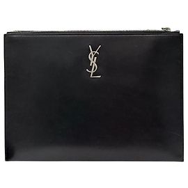 Saint Laurent Monogram Leather Clutch All Black Black