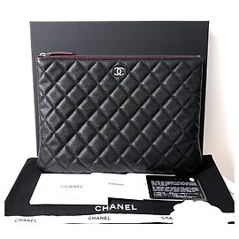 Chanel Classic Grained Silver Metal Medium Clutch Bag Black