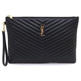 Saint Laurent Black Matelassé Monogram Document Holder Clutch Black