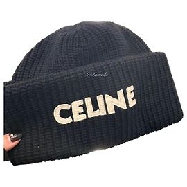Céline Embroidered Ribbed Wool Beanie Black Black