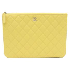 Chanel Pochette Yellow Caviar Gold CC Logo Jaune