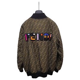 Fendi FF Monogram Jacquard Logo Patch Bomber Jacket Brown