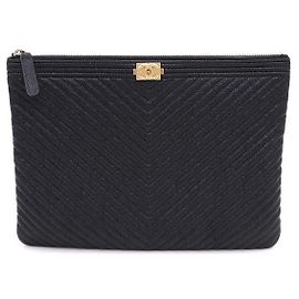 Chanel Chevron Boy Gold New Medium Clutch Bag Black