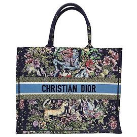 Dior Borsa Book Tote Grande blu navy con logo e ricami floreale multicolore Blu