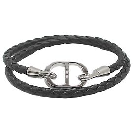 Dior Black Silver CD Icon Braided Leather Double Strap Bracelet Black