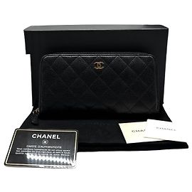 Chanel Long portefeuille à fermeture éclair Caviar Gold Noir