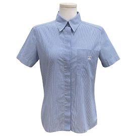 Chanel Camicia a maniche corte con due tasche e logo Stripe CC Blu