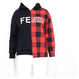 Fendi Jaqueta com capuz de flanela de algodão xadrez preto para junior Vermelho