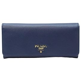 Prada Cartera Larga de Saffiano Azul con Logo Dorado Azul