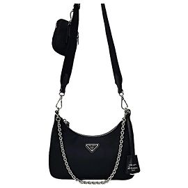 Prada Re-Nylon Tessuto Chain Hobo Bag Schwarz