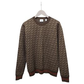 Burberry Pull en maille jacquard en coton marron TB Marron