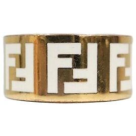 Fendi ff FF Forever Gold White Wide Band Ring Silvery