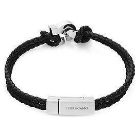 Salvatore Ferragamo Gancini Double Braid Leather Large Black Leather Bracelet Black