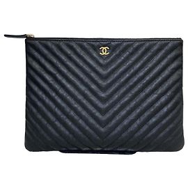 Chanel Chevron Clutch Bag New Medium Black and Gold Series Black