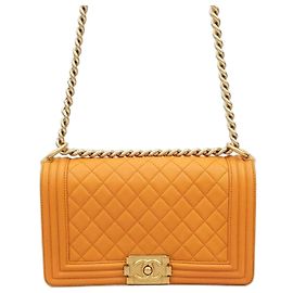 Chanel Boy Bag Flap Bag Medium Lambskin Gold Tone Series Orange
