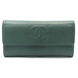Chanel Green Caviar Timeless CC Logo Flap Long Wallet Green
