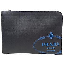 Prada Pasta de Viagem Clutch em Saffiano Preto com Logotipo Azul Preto