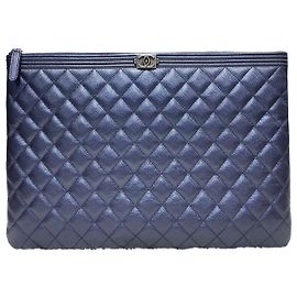 Chanel Metallic Caviar Boy Clutch Large Navy Grade Blue