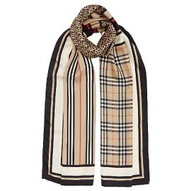 Burberry Sciarpa in seta con stampa monogramma, righe e quadretti Marrone