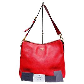 Prada Red Vitello Daino Hobo Shoulder Bag Red