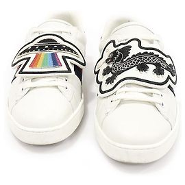 Gucci Tênis WEB Ace masculino em couro de vitelo branco com patch de dragão UFO Branco