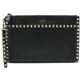 Valentino Black Leather Gold Lock Stud Strap Clutch Black