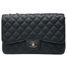 Chanel Classic Caviar Large Black Silver One Flap Series Noir