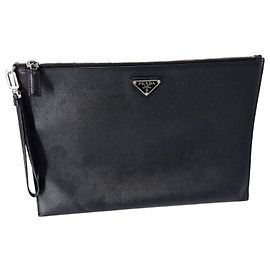 Prada Saffiano Triangle Logo Clutch Bag Black Black