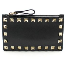 Valentino Black Leather Gold Rockstud Zip Card Wallet Black