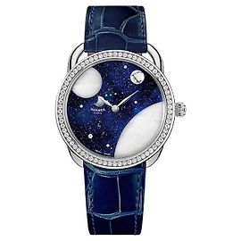 Hermès Arceau Petite Lune Diamond Women's Watch Large Model Alligator Leather Blue Blue