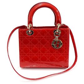 Dior Red Patent Cannage Stitch Lady Medium Red